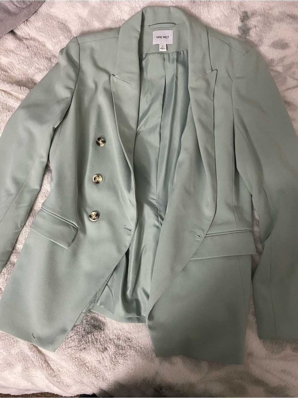 Nine West Mint Green Double-Breasted Blazer with Gold Buttons